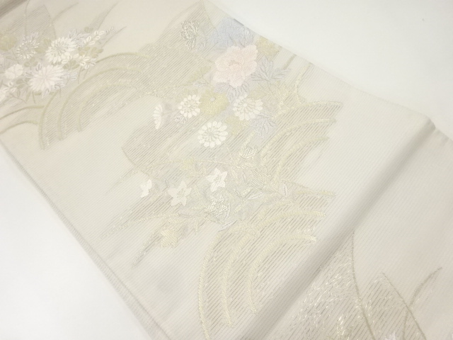 JAPANESE KIMONO / ANTIQUE FUKURO OBI FOR SUMMER / SILK / WOVEN FLORAL PLANTS